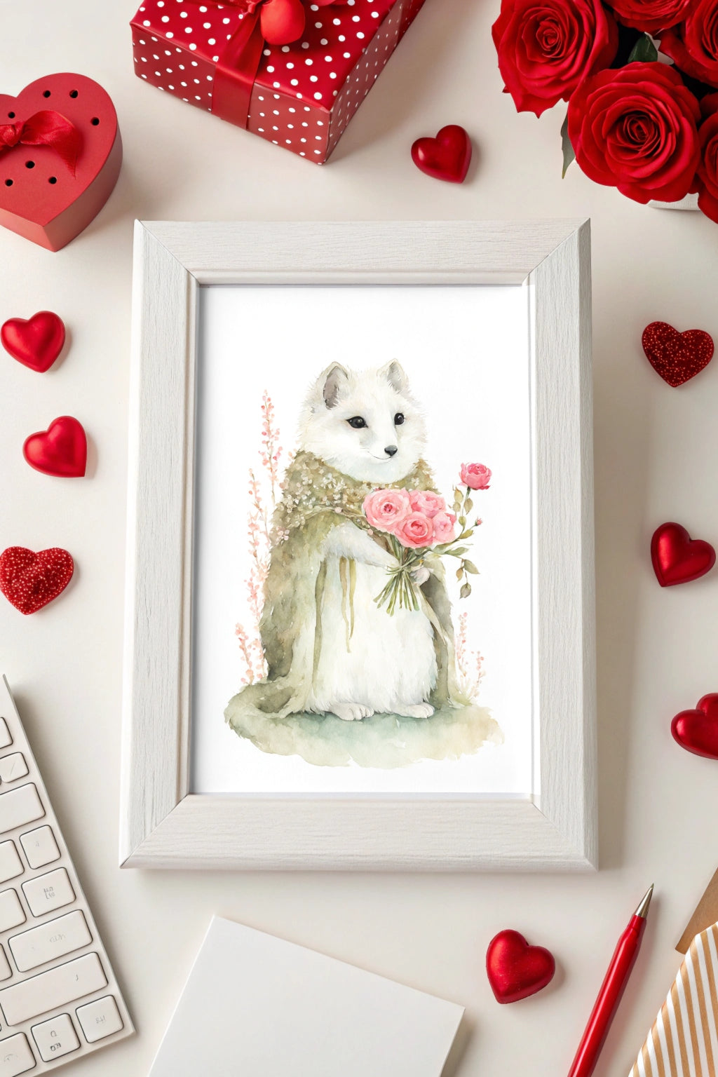 Gentle Romance Fox Art Print with Roses - FluffyCutes