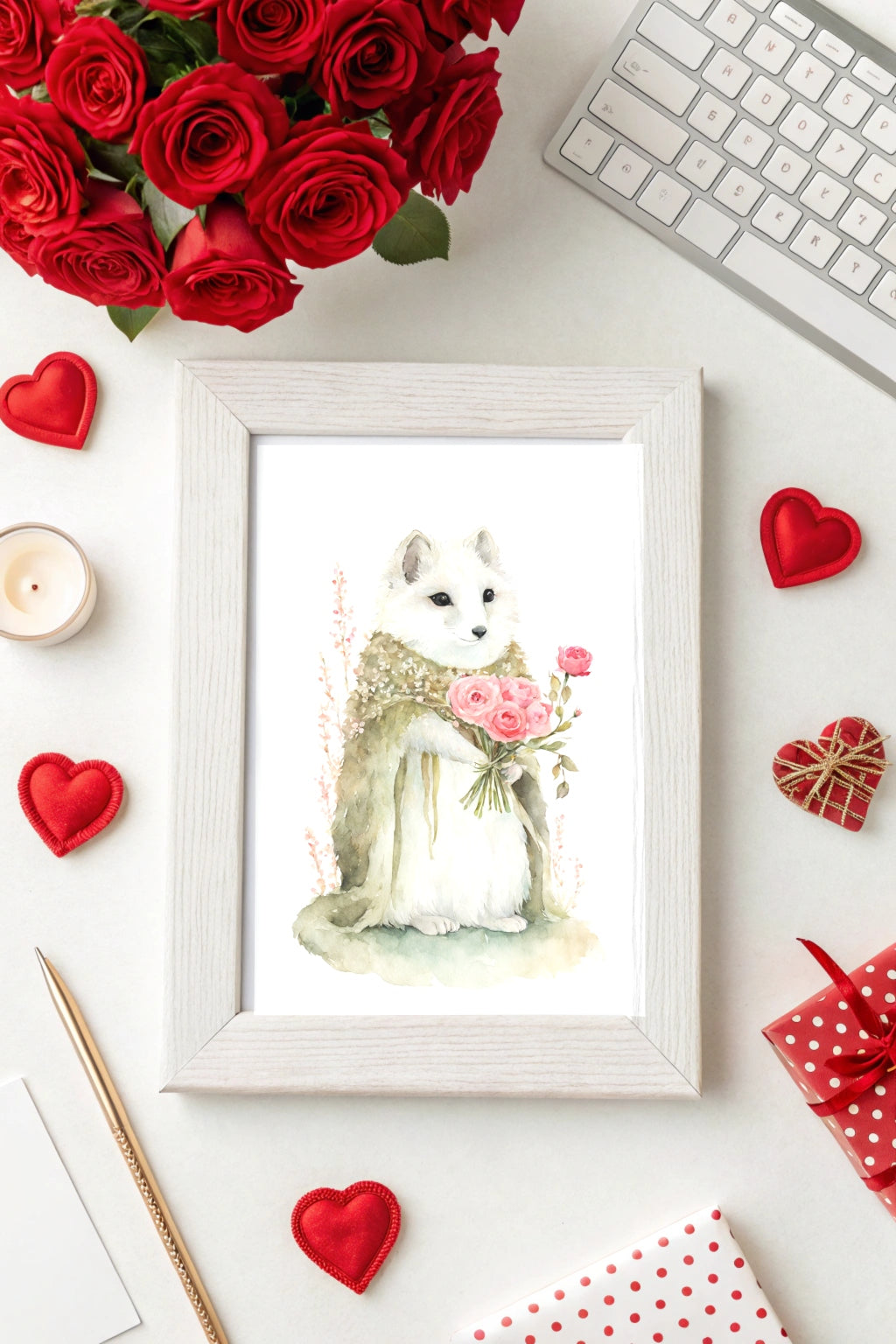 Gentle Romance Fox Art Print with Roses - FluffyCutes