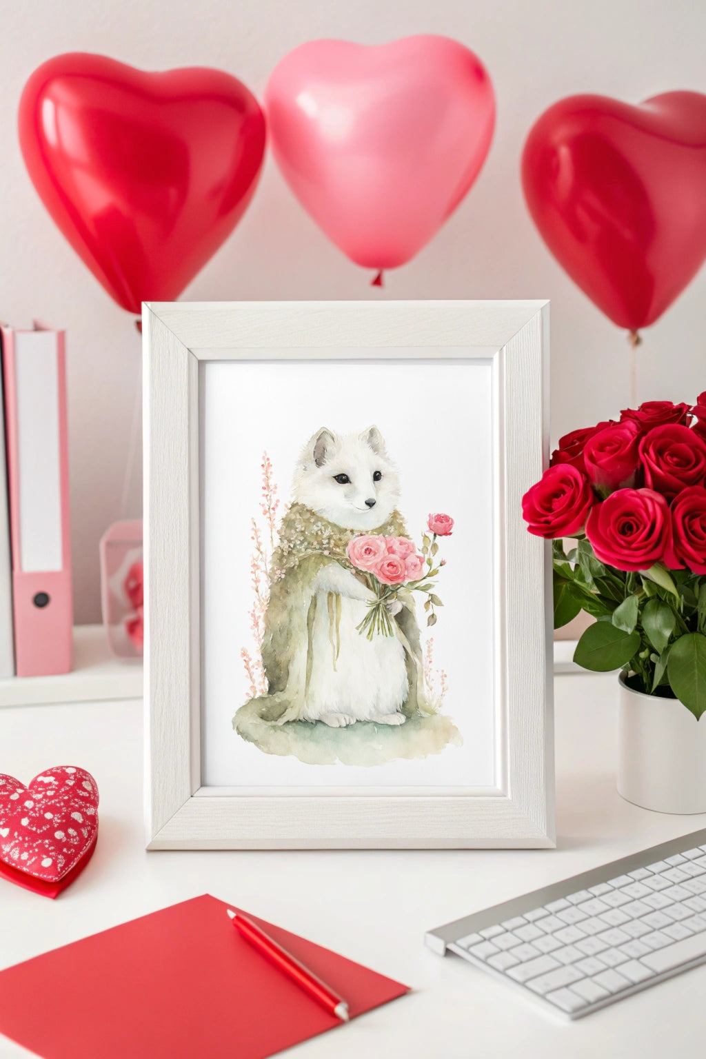 Gentle Romance Fox Art Print with Roses - FluffyCutes